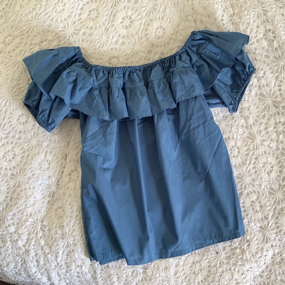 Vintage Tater Sax blue ruffled peasant blouse short sleeve top